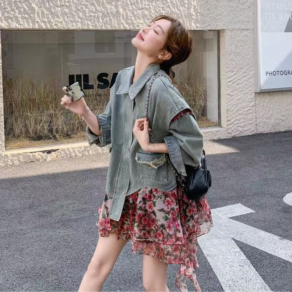 Women'S Floral Patchwork Fake Two-Piece Denim Jacket Women'S 2026 Spring New Retro Unique Beautiful Top, Regular Shoulder Fake Two-Piece Mid-Length Top Women'S