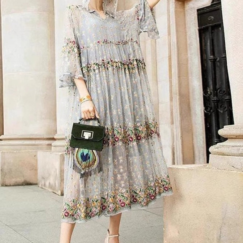 Women's Lace Digital Print Dress, Cheongsam Evening Dress, Mesh Long-sleeved Long Dress