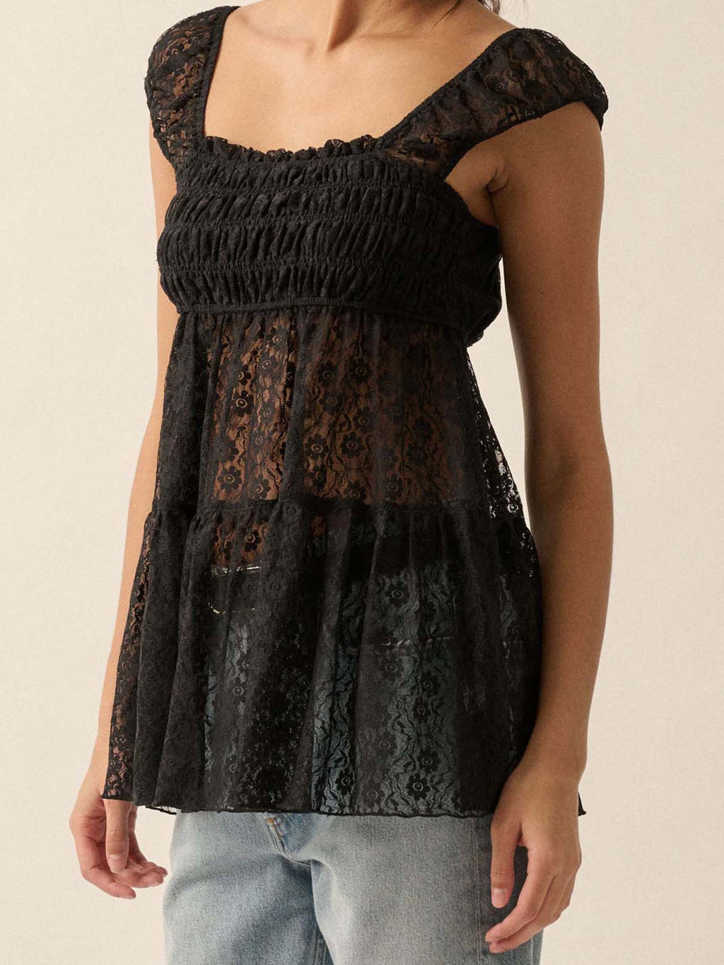 Women Casual T-Shirts Floral Lace Square Neck Smocked Cap Sleeve Shirts Summer Tops Streetwear