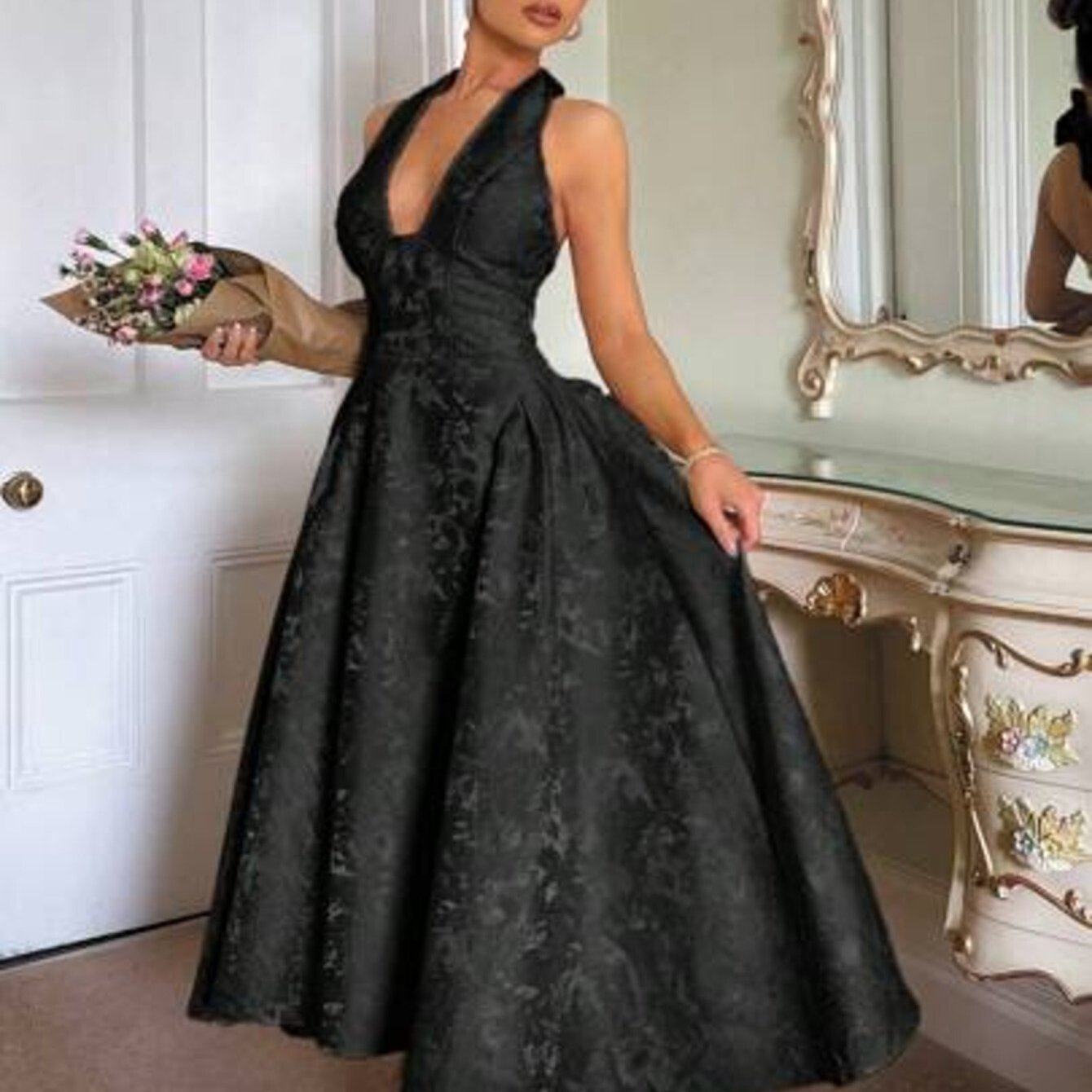 Glamine Charm Vintage 3D Embossed Floral V-Neck Sleeveless Flared Dress Dresses Summer Clothing Women Birthday Outfit