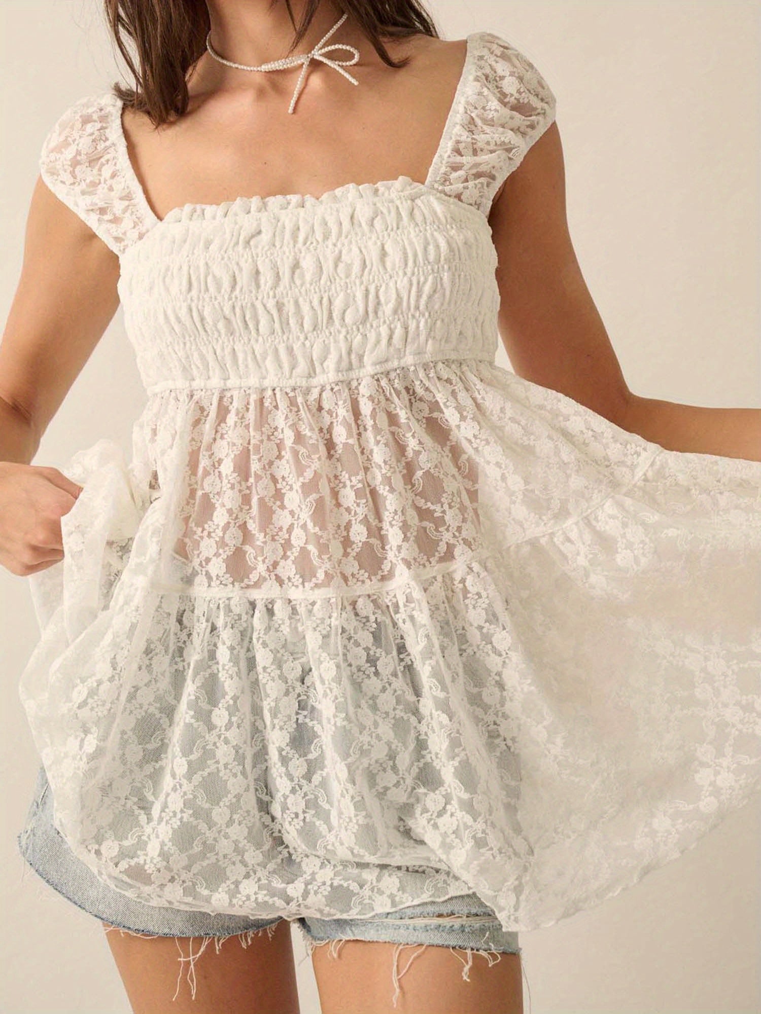 Women Casual T-Shirts Floral Lace Square Neck Smocked Cap Sleeve Shirts Summer Tops Streetwear