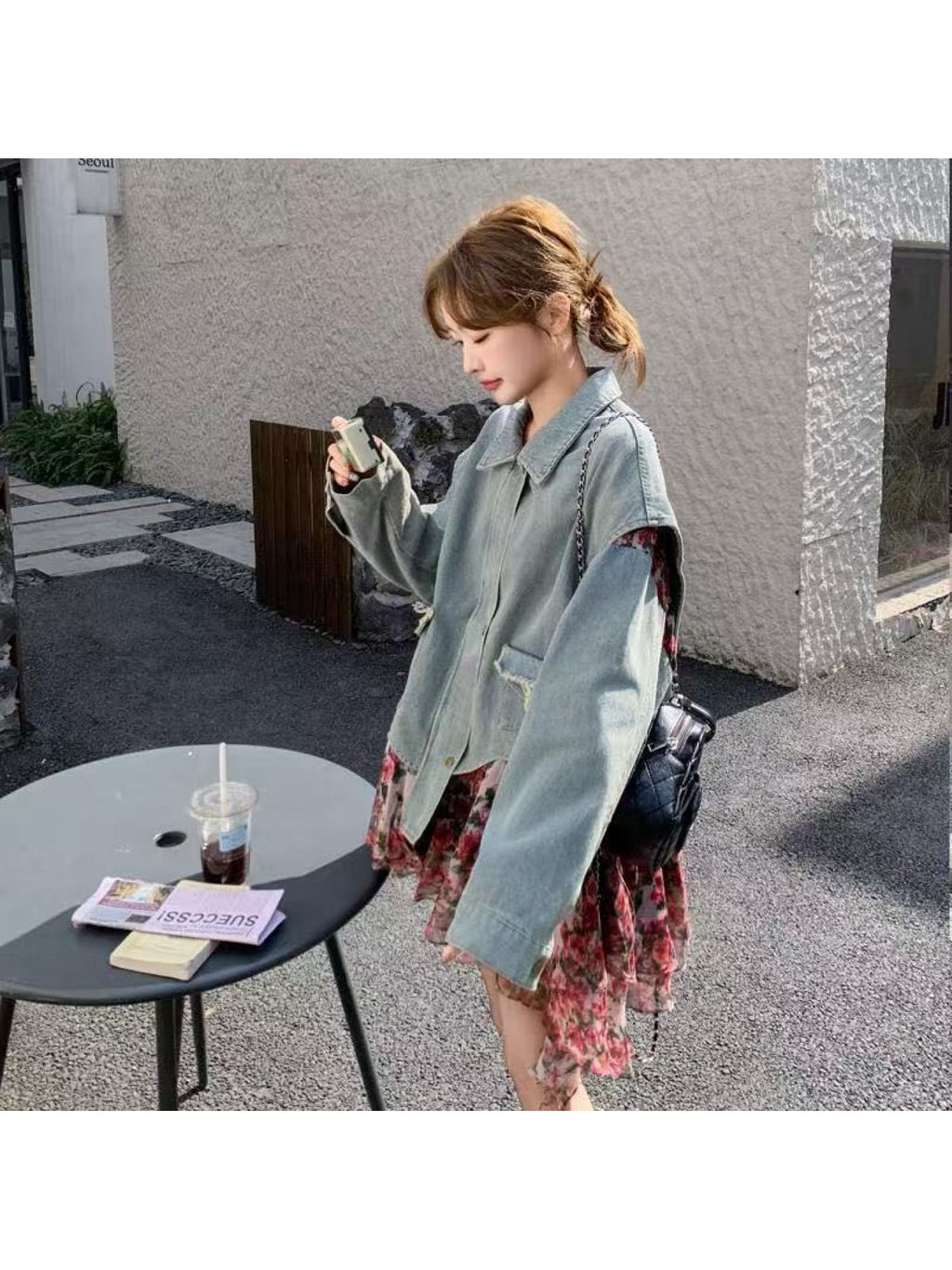 Women'S Floral Patchwork Fake Two-Piece Denim Jacket Women'S 2026 Spring New Retro Unique Beautiful Top, Regular Shoulder Fake Two-Piece Mid-Length Top Women'S