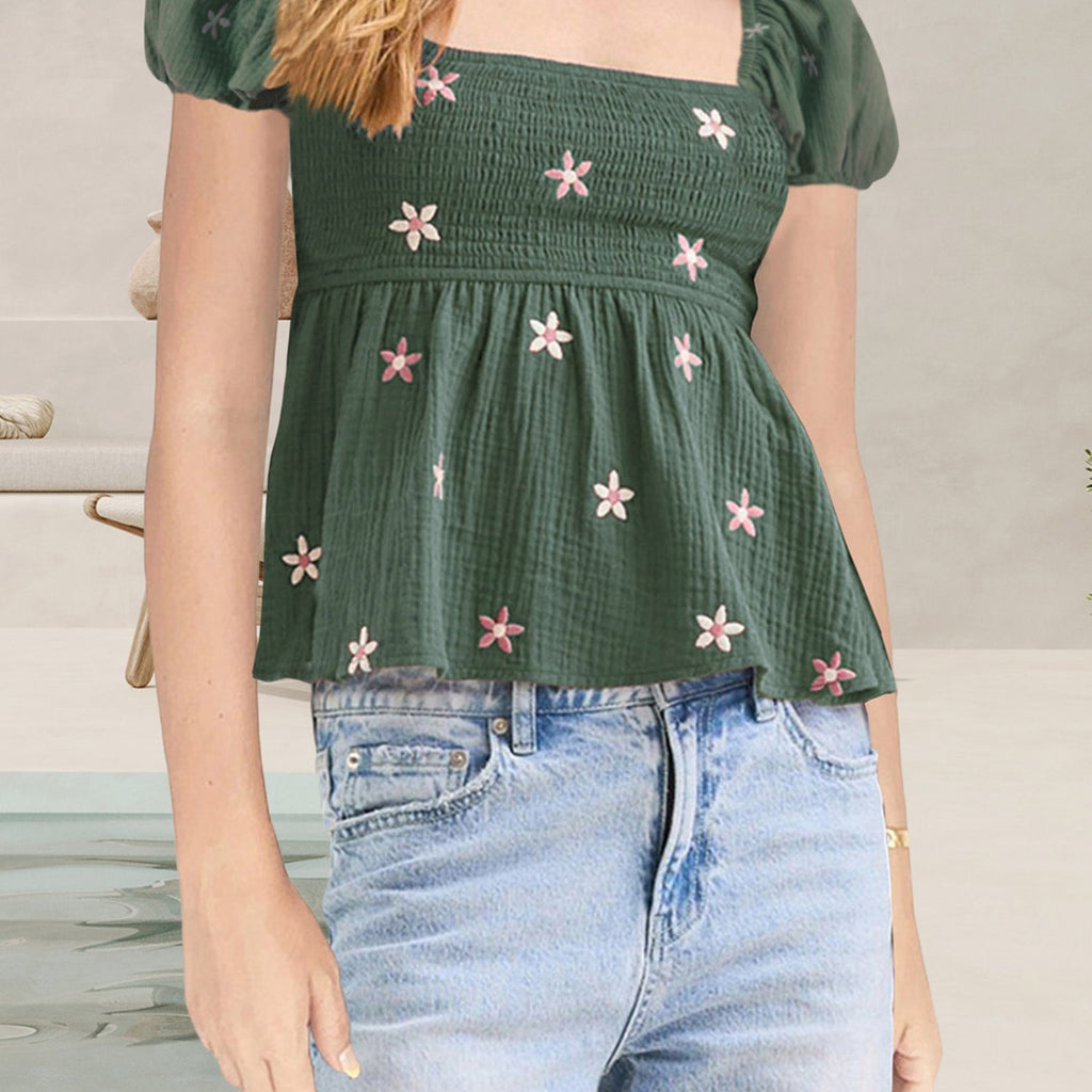 Women Short Sleeve Shirts Flower Embroidered Square Neck Blouses Summer Casual Tops Streetwear