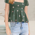 Women Short Sleeve Shirts Flower Embroidered Square Neck Blouses Summer Casual Tops Streetwear