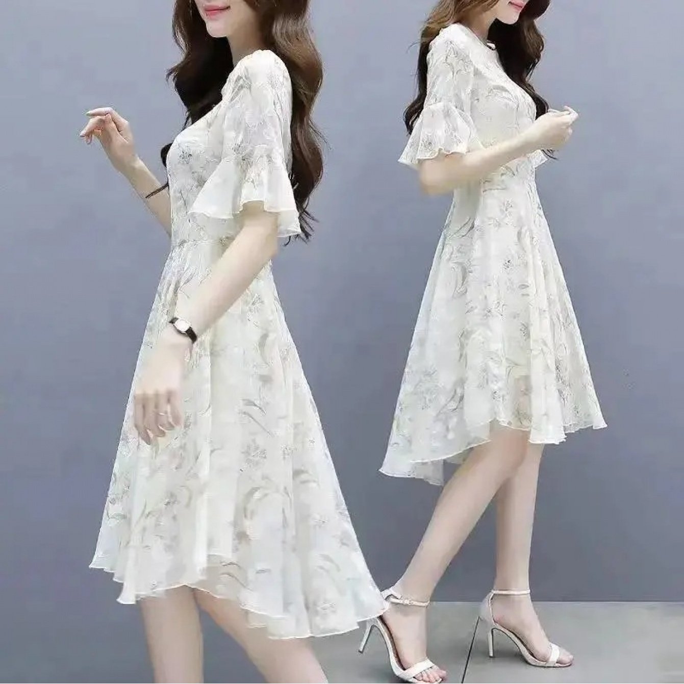 Women'S Summer Dress for Petite Figures, 2026 New Style, Slim-Fit, Ultra-Feminine, Elegant, Ice Floral Print, Tummy-Concealing Dress