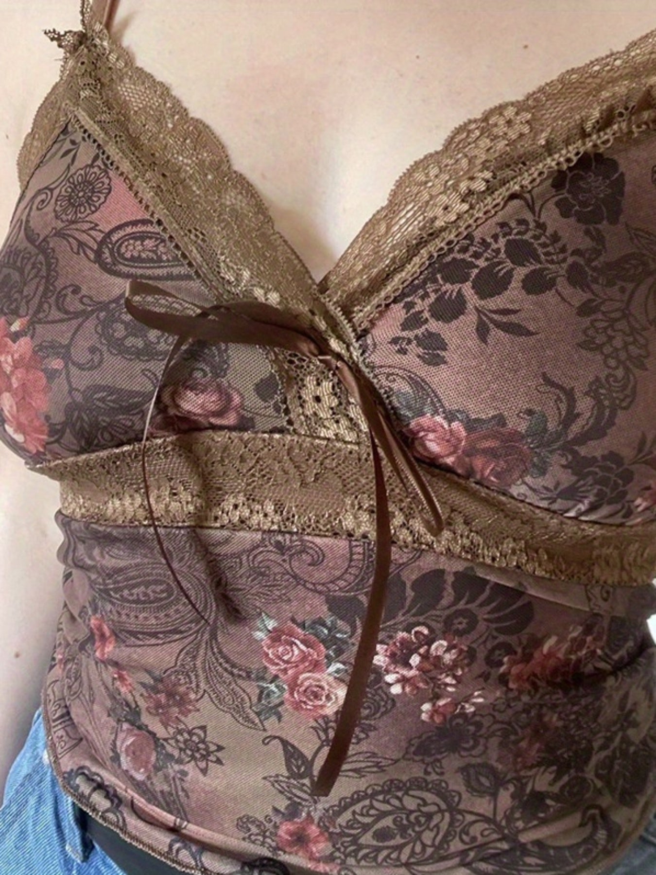 Women'S Camisoles Spaghetti Straps Bow Design Retro Floral Pattern Lace Trim Stylish Slim Fit Crop Tank Tops
