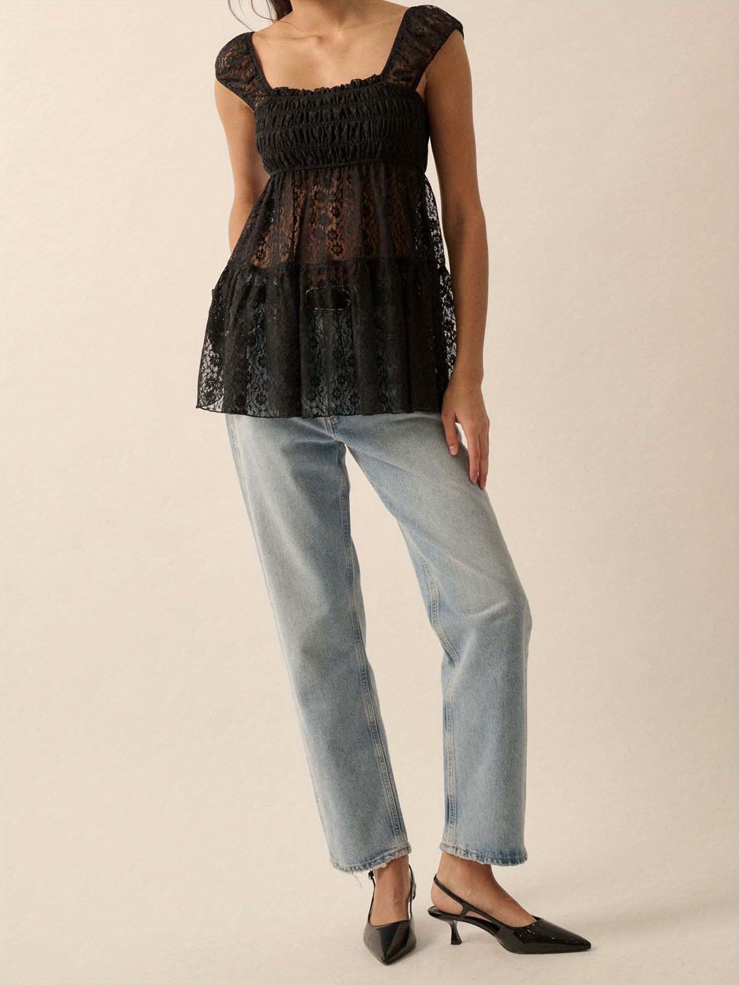 Women Casual T-Shirts Floral Lace Square Neck Smocked Cap Sleeve Shirts Summer Tops Streetwear