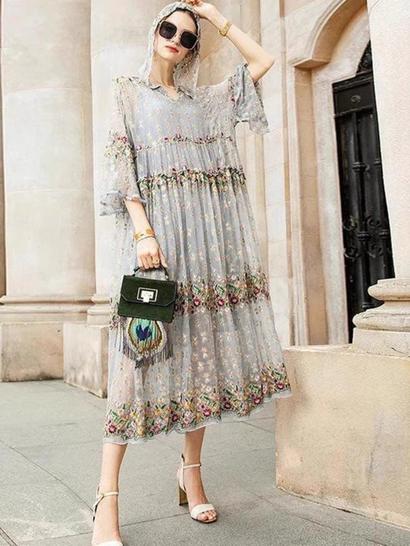 Women's Lace Digital Print Dress, Cheongsam Evening Dress, Mesh Long-sleeved Long Dress